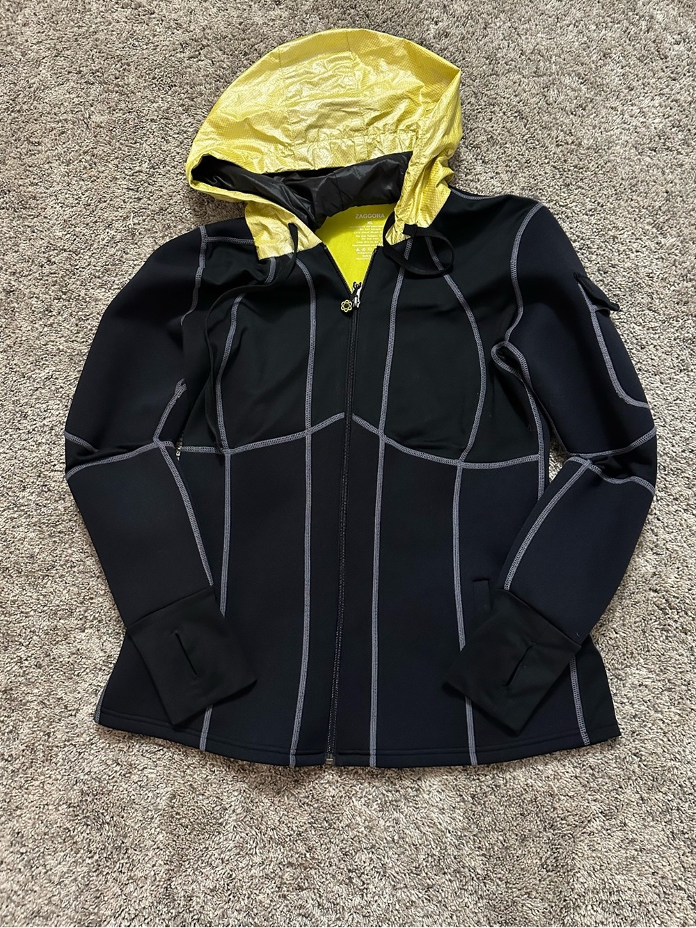 #197 Women’s Black Utility Jacket with Yellow Hood - Zip Front